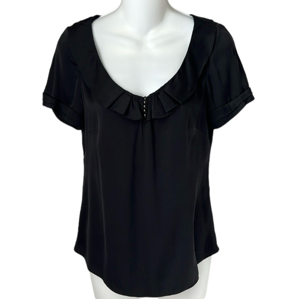 Elie Tahari Women’s Silk Short Sleeve Scoop Neck Ruffle Top Black Size Small